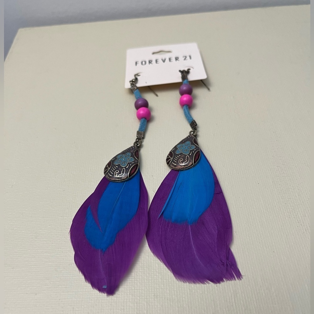 Forever 21 Colorful Boho Feather Earrings Purple & Blue